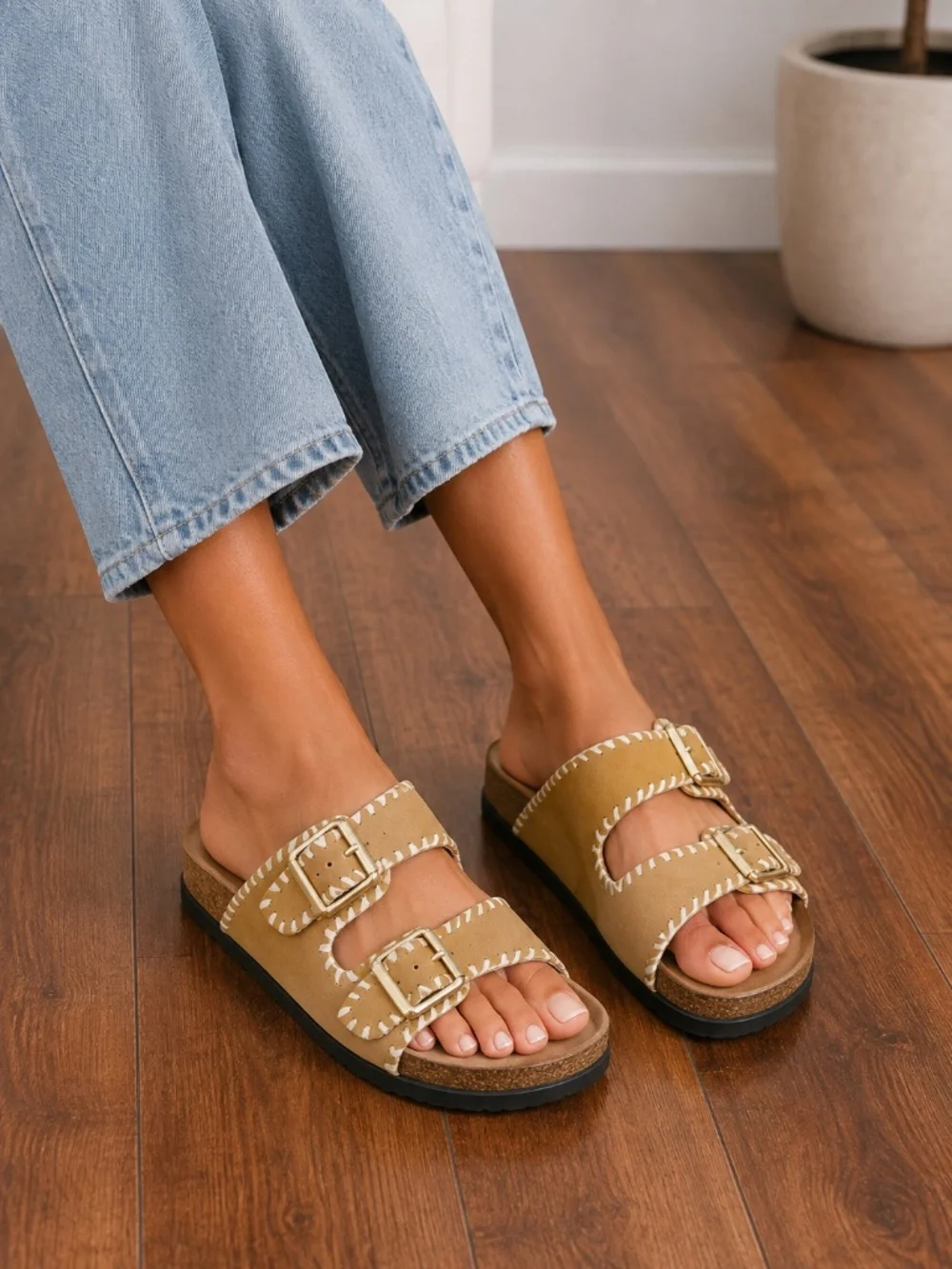 Wyatt Women’s Tan Double Buckle Slide Sandals, size 7W